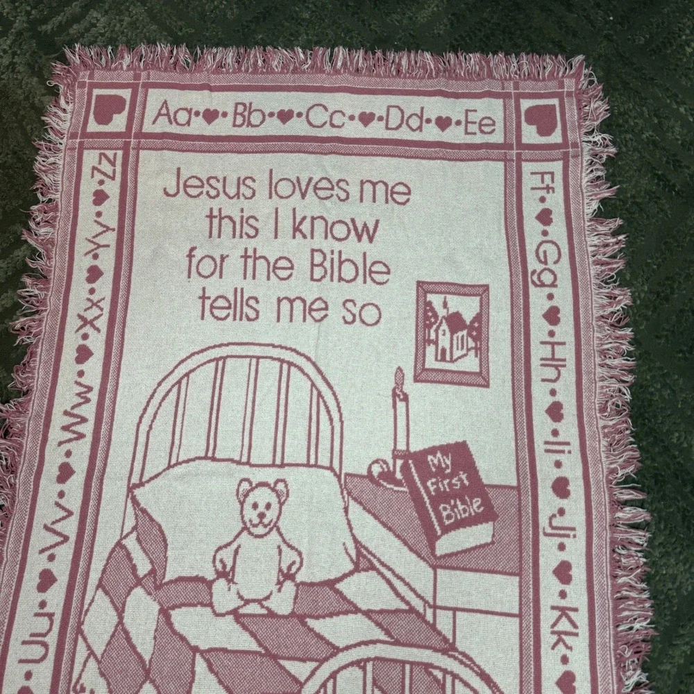 Jesus Loves Me Woven Tapestry Throw Blanket Pink Alphabet Nursery Religious